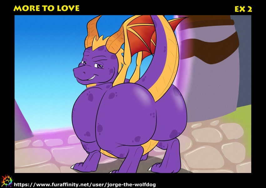 absurd_res activision big_butt butt claws dragon feral hi_res horn huge_butt jorge-the-wolfdog looking_at_viewer looking_back male overweight overweight_male scalie smile smiling_at_viewer smirk smirking_at_viewer solo spyro spyro_the_dragon thick_thighs wide_hips wings