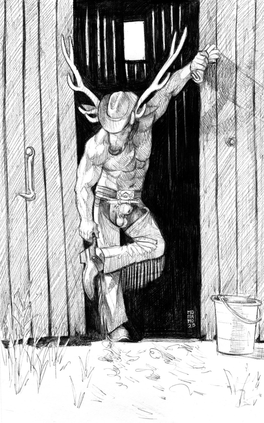 2023 abs absurd_res animal_genitalia anthro balls barn biceps cervine chaps clothing deer elk exposed fully_sheathed genitals greyscale hat headgear headwear hi_res male mammal manly momamo monochrome muscular outside pecs sheath solo triceps work_gloves