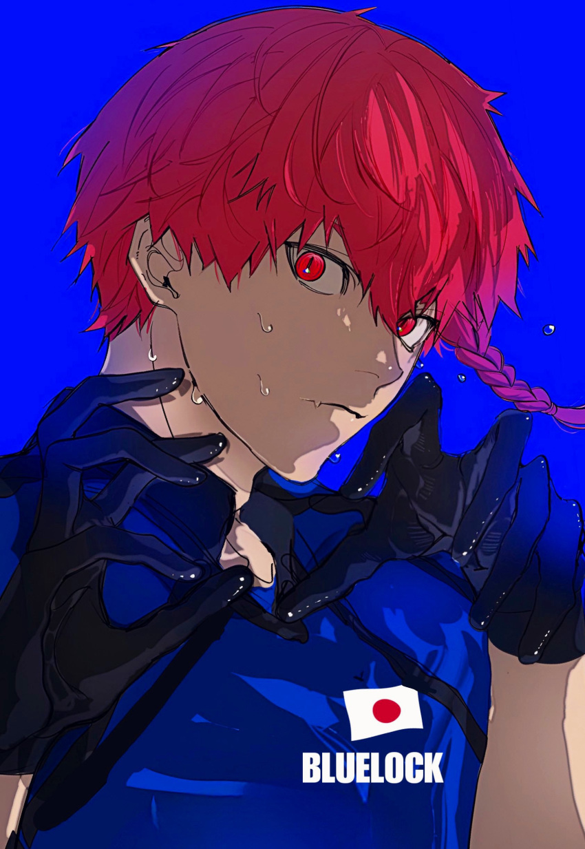 1boy absurdres black_gloves blue_background blue_lock blue_shirt bo_toike57 braid closed_mouth fang flying_sweatdrops gloves hair_between_eyes highres japanese_flag_print kurona_ranze looking_at_viewer male_focus red_eyes red_hair shirt side_braid simple_background soccer_uniform solo sportswear sweat sweatdrop upper_body