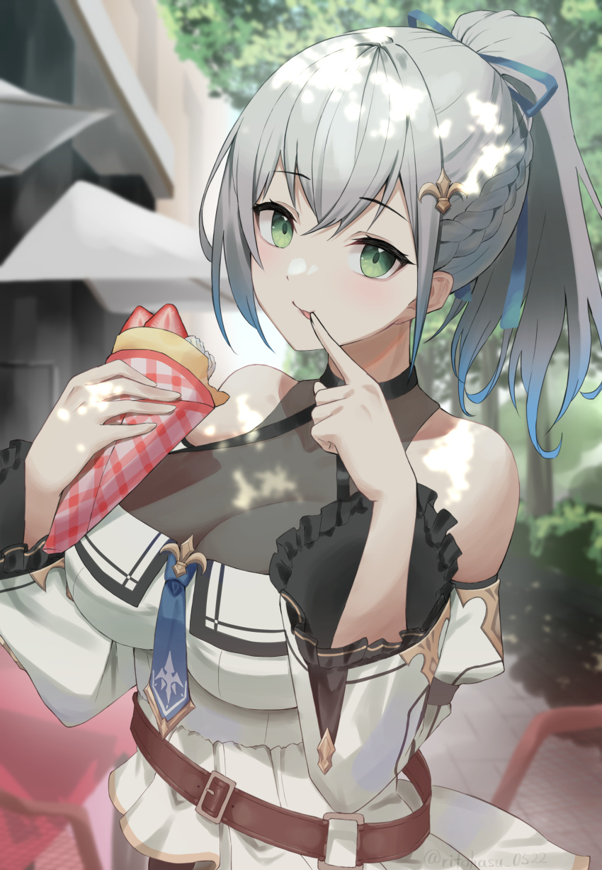 1girl absurdres bare_shoulders belt blue_hair braid breasts cleavage food french_braid green_eyes grey_hair hair_ribbon high_ponytail highres holding holding_food hololive ice_cream_crepe large_breasts licking licking_finger looking_at_viewer medium_hair necktie off-shoulder_shirt off_shoulder official_alternate_costume official_alternate_hairstyle outdoors ponytail ribbon ritohasu_0522 see-through see-through_cleavage shirogane_noel shirogane_noel_(5th_costume) shirt short_necktie sleeveless solo virtual_youtuber white_shirt