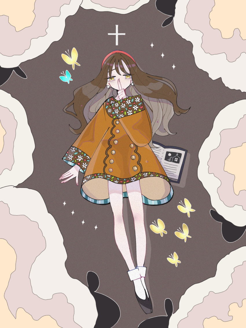 1girl ankle_socks black_footwear book brown_hair bug butterfly coat cross earrings finger_to_mouth floating_hair floral_print full_body grey_background hairband half-closed_eyes high_heels highres jewelry long_hair long_sleeves nanamiya_ten open_book orange_coat original peacoat pearl_earrings pumps red_hairband socks solo sparkle yellow_eyes