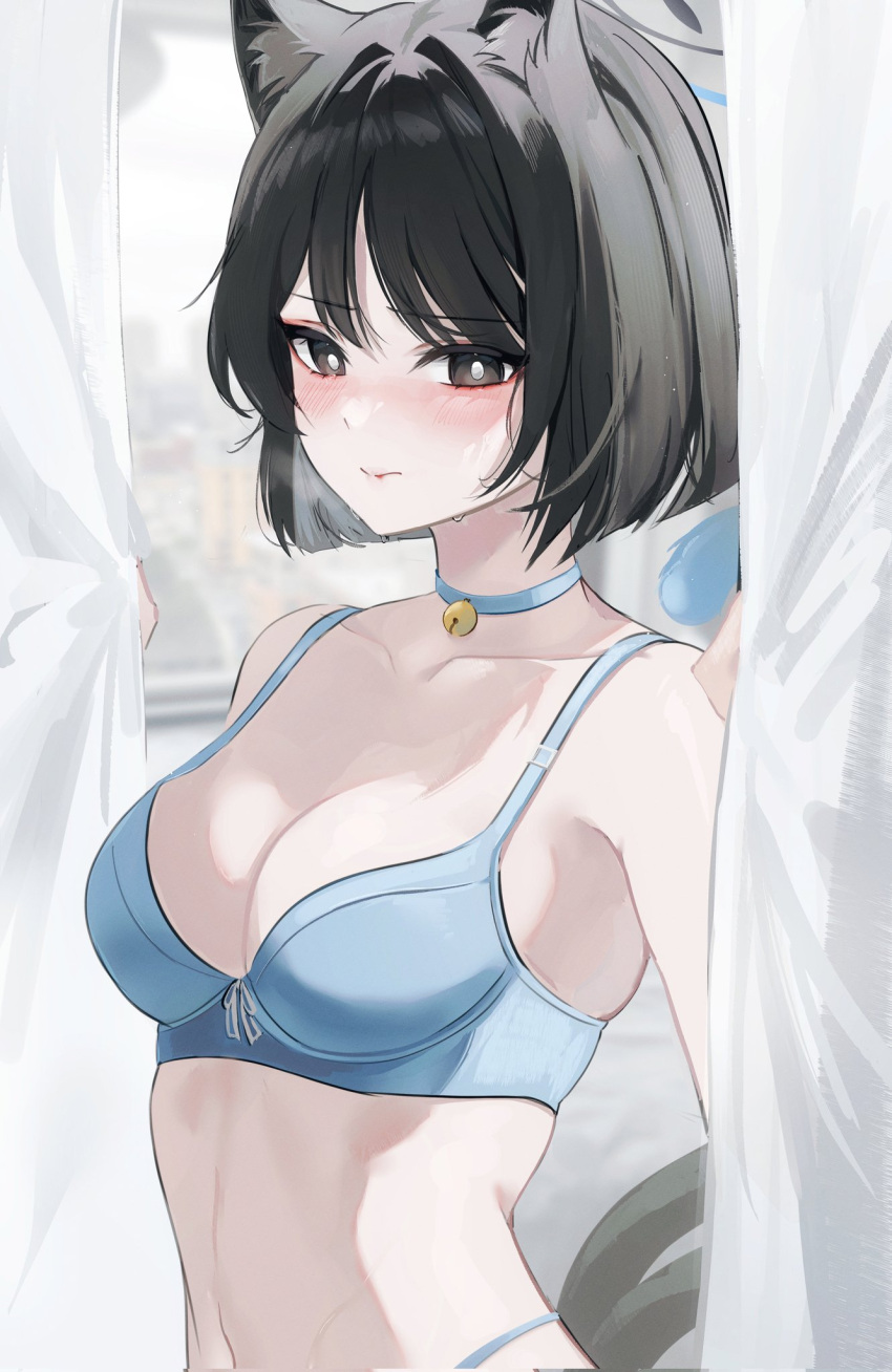 1girl animal_ears bare_arms bare_shoulders bell black_eyes black_hair blue_archive blue_bra blue_choker blue_halo blush bra breasts cat_ears cat_girl cat_tail choker closed_mouth collarbone corrupted_twitter_file halo highres indoors jaduade jingle_bell kikyou_(blue_archive) looking_at_viewer medium_breasts multiple_tails navel neck_bell short_hair solo tail two_tails underwear underwear_only upper_body