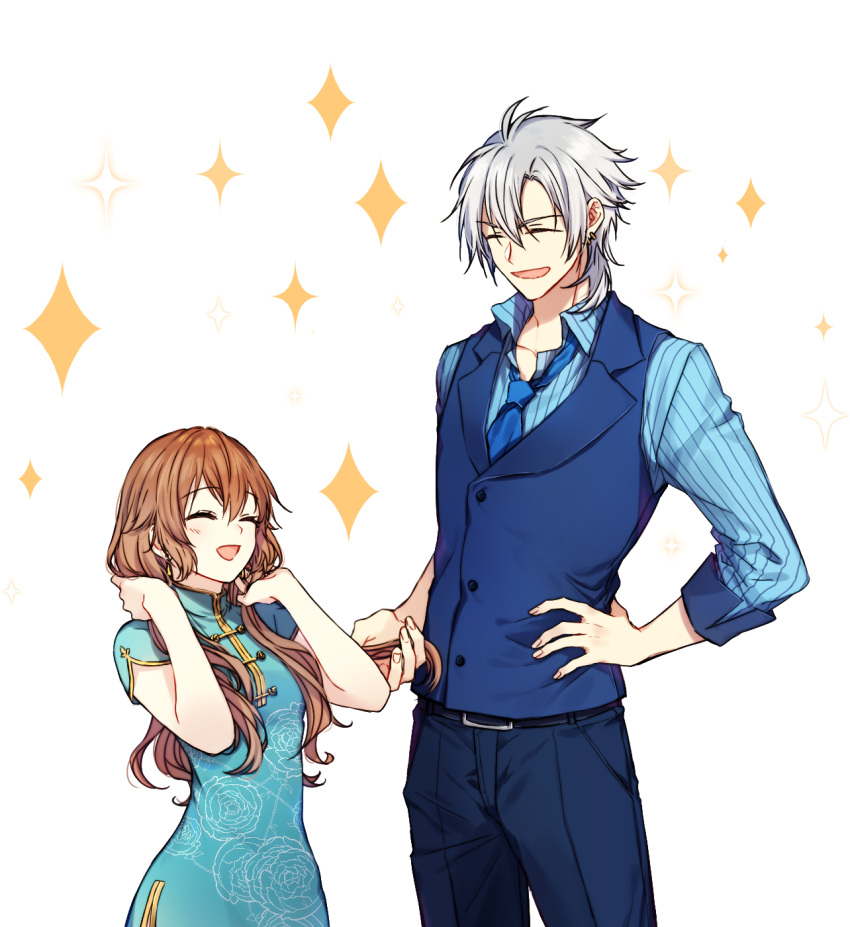 1boy 1girl :d aqua_dress blue_necktie blue_pants blue_shirt blue_vest brown_hair china_dress chinese_clothes closed_eyes collared_shirt cowboy_shot crow_armbrust dress eiyuu_densetsu grey_hair highres long_hair necktie pants sen_no_kiseki sen_no_kiseki_iv shirt short_hair simple_background smile soap_(user_kghh4755) striped striped_shirt towa_herschel vest white_background