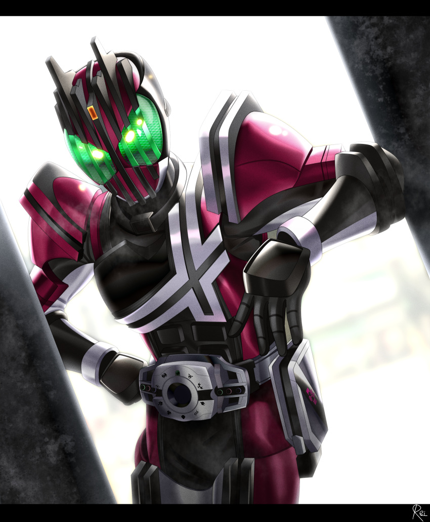 1boy absurdres armor backlighting black_armor commentary compound_eyes decadriver driver_(kamen_rider) english_commentary forehead_jewel green_eyes hand_on_own_hip highres kamen_rider kamen_rider_dcd kamen_rider_decade pink_armor reiei_8 rider_belt shoulder_armor solo upper_body