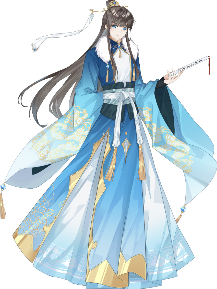 1boy akagi_(akagi1924) alternate_costume arm_behind_back black_hair blue_eyes blue_gemstone blue_robe blunt_bangs chinese_clothes closed_mouth cloud_print floral_print folded_fan folding_fan full_body fur_trim gem gold_trim gradient_clothes hair_bun hair_ornament hair_stick half_updo hand_fan hanfu highres holding holding_fan long_hair long_sleeves looking_at_viewer male_focus male_master_(the_tale_of_food) robe sash sidelocks smile solo standing tassel the_tale_of_food transparent_background white_sash wide_sleeves xiao_guan_(headdress)