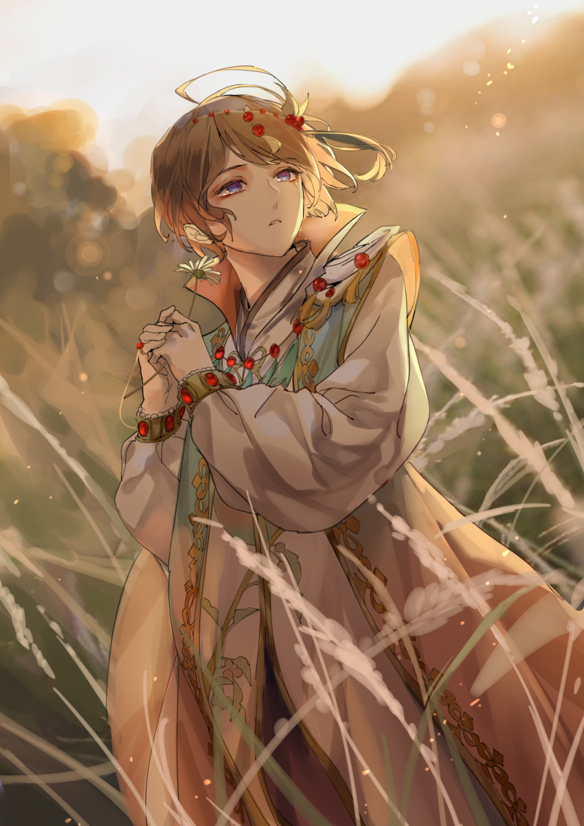 1boy absurdres ahoge aqua_coat arabian_clothes blurry blurry_background brown_hair cherry_biluo_(the_tale_of_food) chinese_clothes chinese_commentary circlet coat cowboy_shot crying crying_with_eyes_open daisy dusk flower gem gold_trim gradient_clothes gradient_coat highres holding holding_flower long_sleeves looking_to_the_side male_focus parted_lips pink_coat puffy_long_sleeves puffy_sleeves purple_eyes rachelee618 red_gemstone reeds robe sleeveless sleeveless_coat solo standing swept_bangs tassel tears the_tale_of_food white_flower white_robe