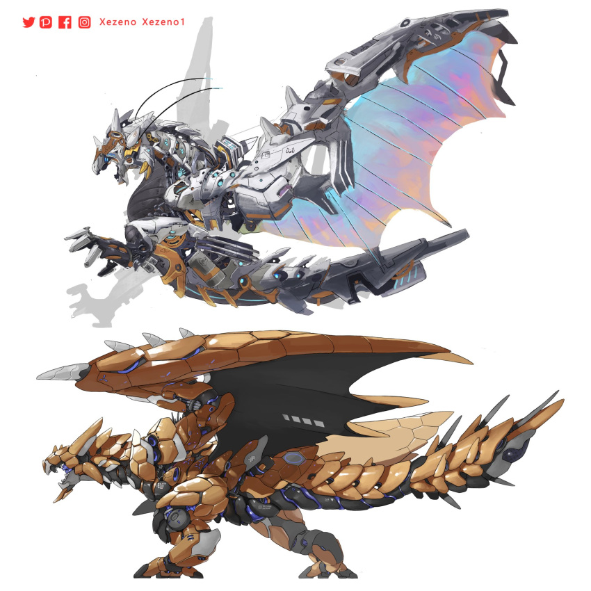 animal_focus artist_name commentary dragon english_commentary facebook_logo facebook_username flying from_behind gold_rathian gradient_wings highres holographic_wings instagram_logo instagram_username mecha mechanization monster_hunter_(series) multicolored_wings no_humans open_mouth pixiv_logo pixiv_username robot silver_rathalos simple_background twitter_logo twitter_username white_background wings wyrm xezeno