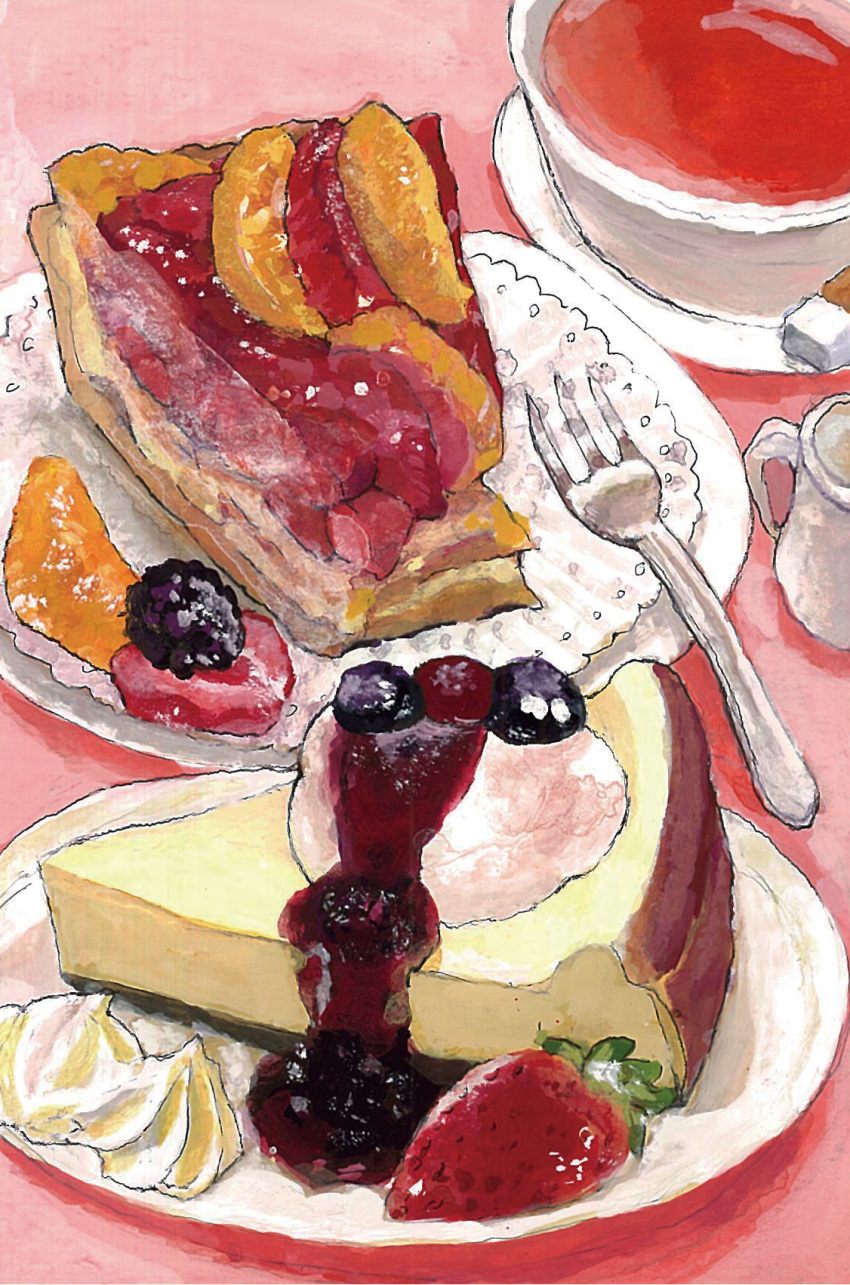 blackberry_(fruit) blueberry cheesecake creamer_(vessel) cup food food_focus fork fruit highres jam no_humans orange_(fruit) orange_slice original pink_background plate saucer still_life strawberry sugar_cube tart_(food) tea teacup whipped_cream yasaioji3