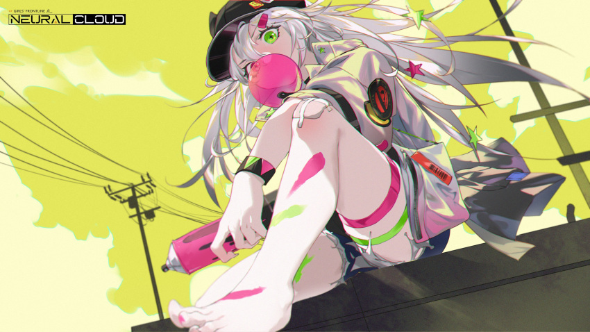 1girl absurdres bag banxsy_(neural_cloud) barefoot baseball_cap bubble_blowing chewing_gum copyright_name cross-shaped_pupils denim denim_shorts dm_(dai_miao) feet gauze_on_knee girls'_frontline_neural_cloud green_eyes hair_ornament hairclip hat heterochromia highres jacket legs long_hair looking_at_viewer official_art outdoors paint_on_body pink_eyes power_lines second-party_source shorts sitting sky solo spray_can star_(symbol) star_hair_ornament symbol-shaped_pupils thigh_strap toes white_hair wristband yellow_sky