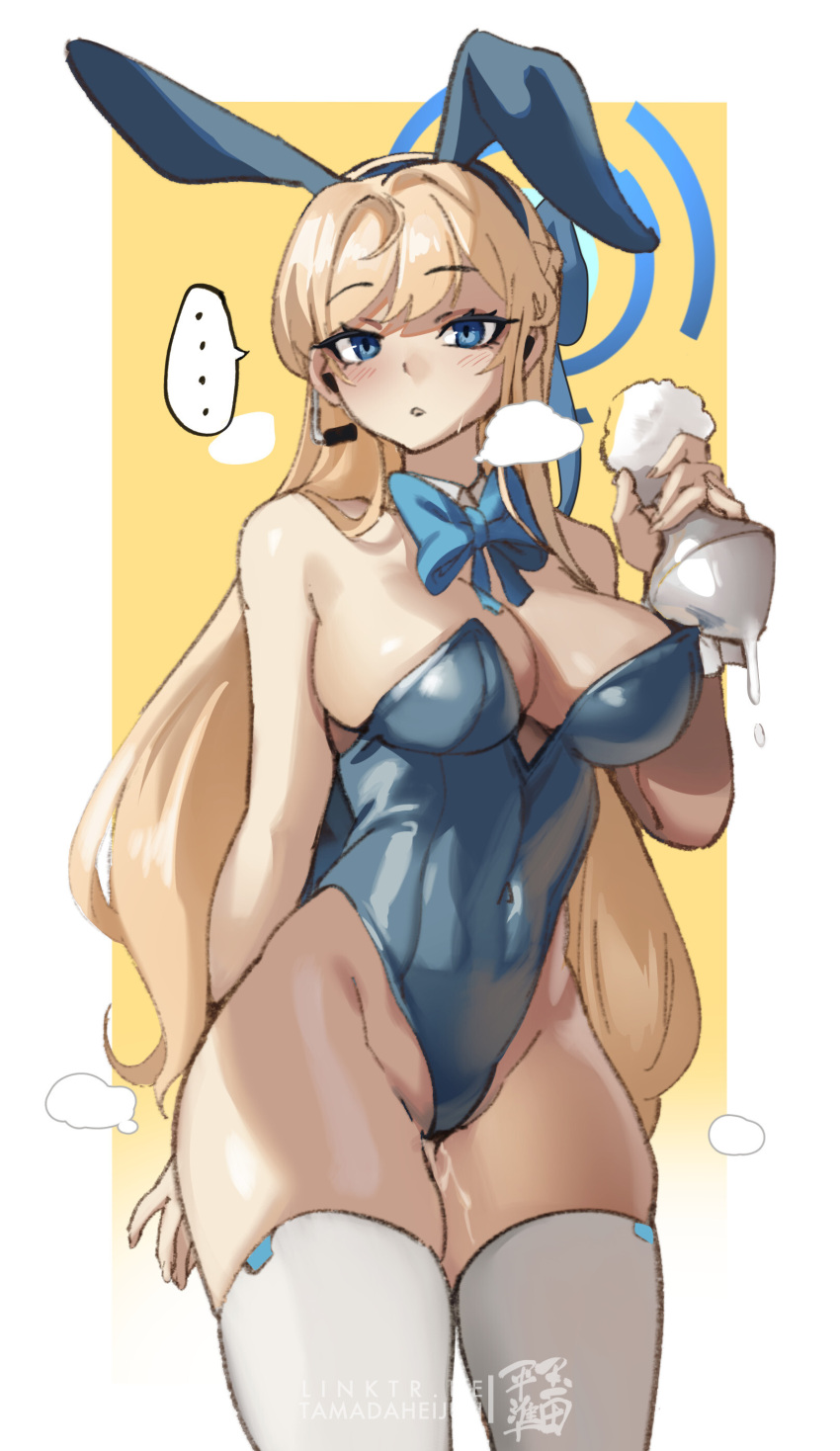 ... 1girl absurdres animal_ears arm_behind_back blonde_hair blue_archive breasts butt_plug covered_navel fake_animal_ears fake_tail halo highres holding large_breasts long_hair looking_at_viewer microphone playboy_bunny rabbit_ears rabbit_tail sex_toy solo speech_bubble tail tamada_heijun thighhighs toki_(blue_archive) toki_(bunny)_(blue_archive) white_thighhighs