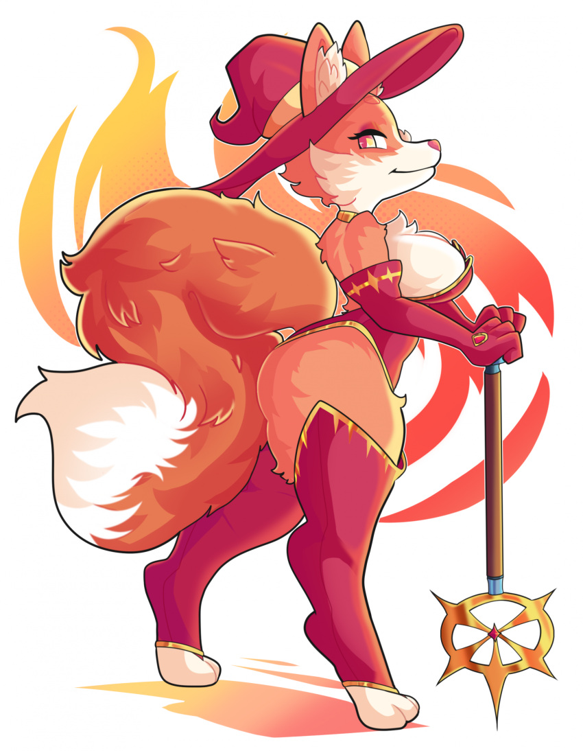 anthro canid canine clothing female fox fur hat headgear headwear hi_res holding_object holding_staff legwear mammal onigiri_punch orange_body orange_fur solo staff thick_thighs thigh_highs