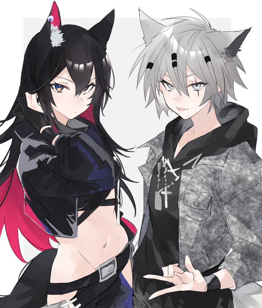 2girls absurdres adjusting_hair alternate_costume alternate_hairstyle ambience_synesthesia animal_ears arknights belt black_belt black_gloves black_shirt blue_eyes border colored_inner_hair commentary crop_top dog_tags gesture_request gloves grey_background grey_eyes grey_jacket hair_ornament hairclip highres jacket lappland_(arknights) multicolored_hair multiple_girls navel partially_fingerless_gloves patterned_clothing pink_hair scar scar_across_eye shirt simple_background sketch stomach symbol-only_commentary tail texas_(arknights) tongue tongue_out wolf_ears wolf_girl wolf_tail yakota_(usuk-yako)