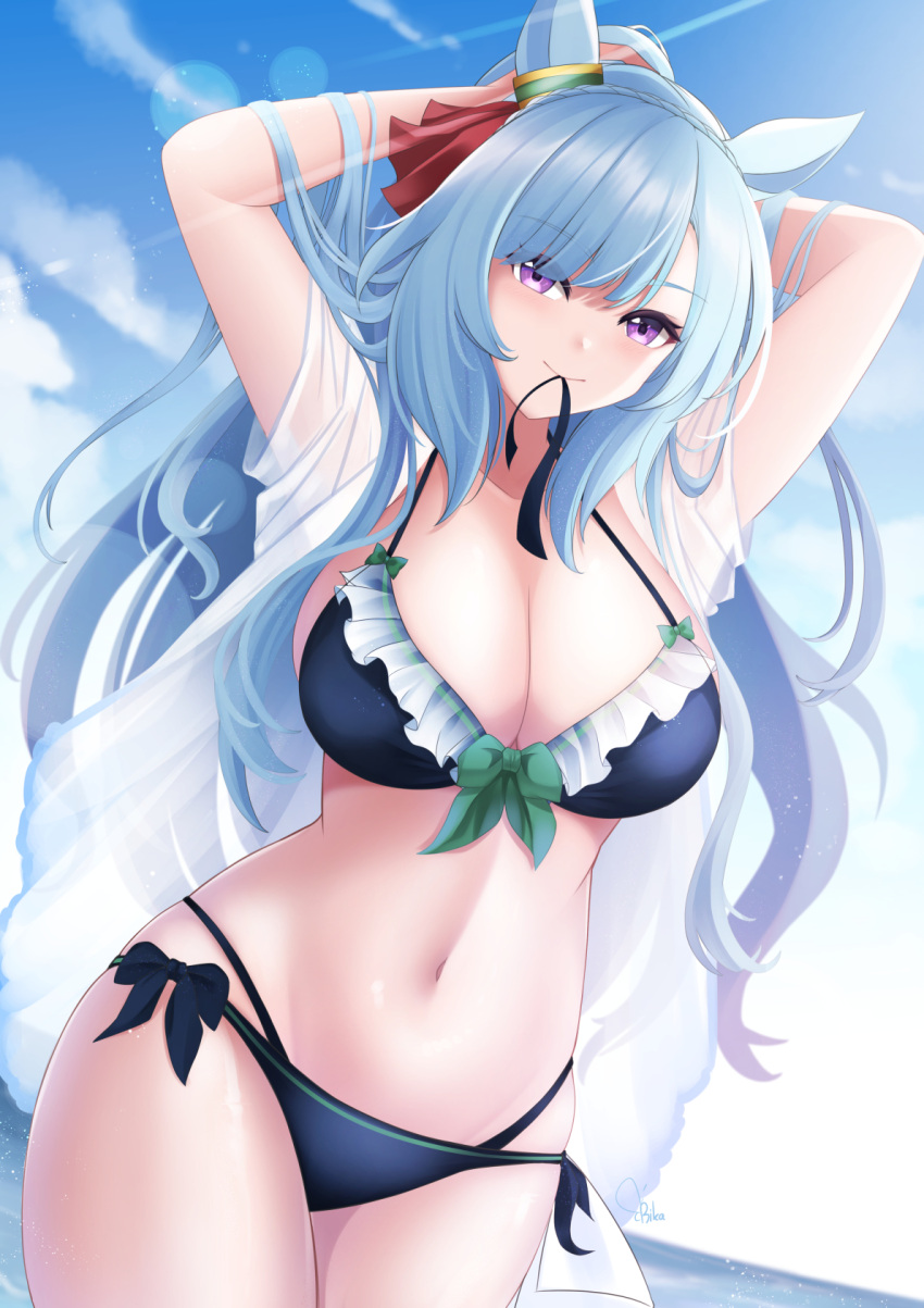 1girl animal_ears arms_behind_head bikini black_bikini black_bow black_ribbon blue_hair bow bow_bikini braid breasts cleavage cloud collarbone commentary_request french_braid frilled_bikini frills green_bow hair_ribbon highres horse_ears horse_girl large_breasts long_hair mejiro_ardan_(umamusume) mouth_hold navel purple_eyes red_ribbon ribbon ribbon_in_mouth rika_ryne signature sky solo swimsuit umamusume