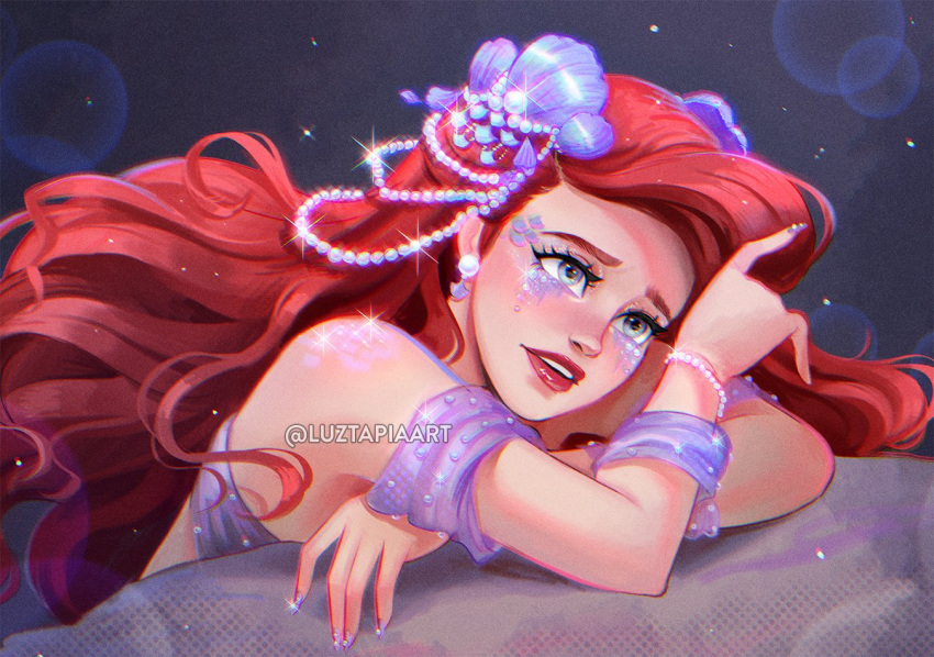 1girl aqua_eyes ariel_(disney) earrings jewelry long_hair looking_at_viewer luztapiaart mermaid monster_girl parted_lips purple_nails red_hair red_lips shell shell_bikini shell_earrings the_little_mermaid underwater