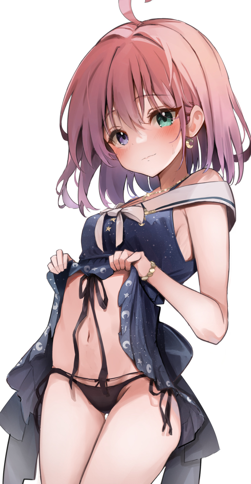 1girl absurdres ahoge bare_shoulders bikini bikini_bottom_only black_bikini blue_dress blush breasts cleavage closed_mouth clothes_lift commentary crescent crescent_earrings crescent_necklace dress dress_lift earrings gradient_hair green_eyes heterochromia highres himemori_luna himemori_luna_(3rd_costume) hololive jewelry lifted_by_self looking_at_viewer multicolored_hair navel necklace off-shoulder_dress off_shoulder official_alternate_costume pink_hair print_dress purple_eyes purple_hair sailor_collar scarlet_(wv0102) short_hair side-tie_bikini_bottom simple_background smile solo stomach swimsuit symbol-only_commentary virtual_youtuber white_background white_sailor_collar