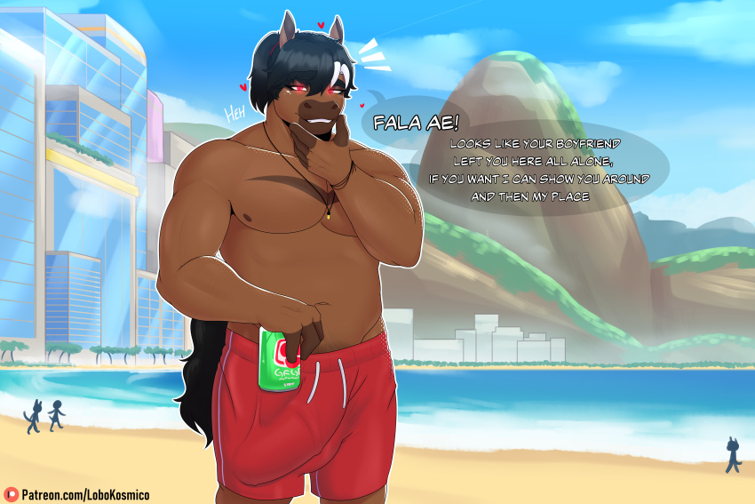 absurd_res anthro armwear balls beach beverage beverage_can brazil brown_body brown_fur bulge clothed clothing detailed_background dialogue digital_drawing_(artwork) digital_media_(artwork) english_text equid equine erection fur genitals guarana_soda hair hi_res highlights_(coloring) horse jewelry kane_(lobokosmico) lobokosmico looking_at_viewer male mammal multicolored_body muscular muscular_male necklace nipples open_mouth outside penis ponytail portuguese_text rio_de_janeiro sand seaside sky smile solo swimming_trunks swimwear tail text topless url water white_highlights