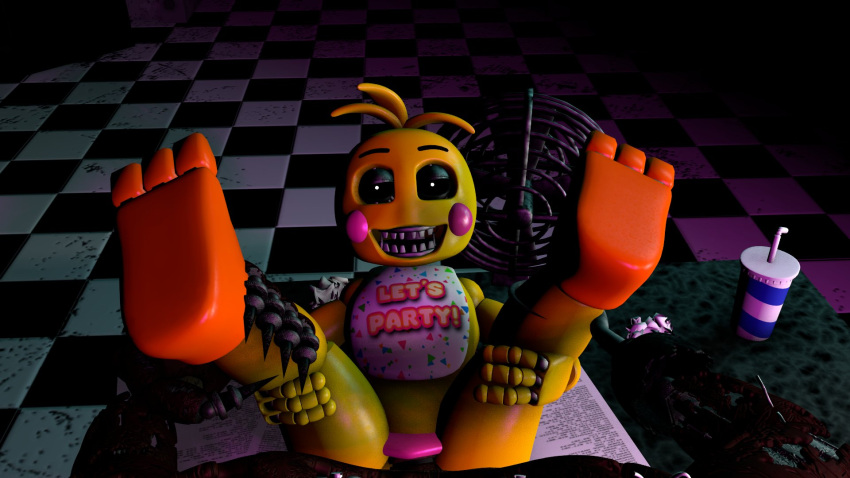 2023 3d_(artwork) animatronic avian bib bird canid canine checkered_floor chicken clothed clothing digital_media_(artwork) duo female fingers five_nights_at_freddy's five_nights_at_freddy's_2 five_nights_at_freddy's_4 fox foxofnightmares furniture galliform gallus_(genus) genitals hi_res hook humanoid hypersstash6000 machine male male/female mammal mostly_nude nightmare_foxy_(fnaf) panties penis phasianid pink_clothing pink_panties pink_underwear pirate plastic red_body robot robotic scottgames sex table table_sex teeth toy toy_chica_(fnaf) underwear white_eyes yellow_body