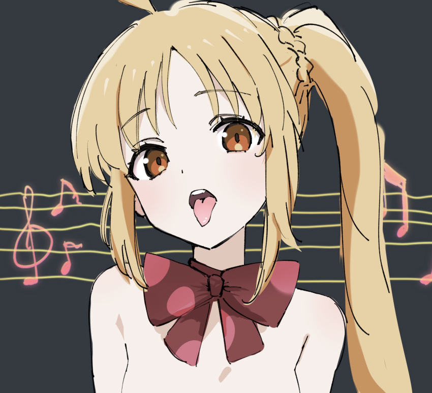 1girl ahoge black_background blonde_hair blush bocchi_the_rock! bow bowtie breasts brown_eyes commentary_request don't_say_"lazy" genre_connection head_tilt highres ijichi_nijika k-on! long_hair looking_at_viewer musical_note naked_bowtie parody polka_dot_bowtie portrait red_bow red_bowtie side_ponytail sidelocks small_breasts solo staff_(music) teeth tongue tongue_out ukitaryu upper_teeth_only