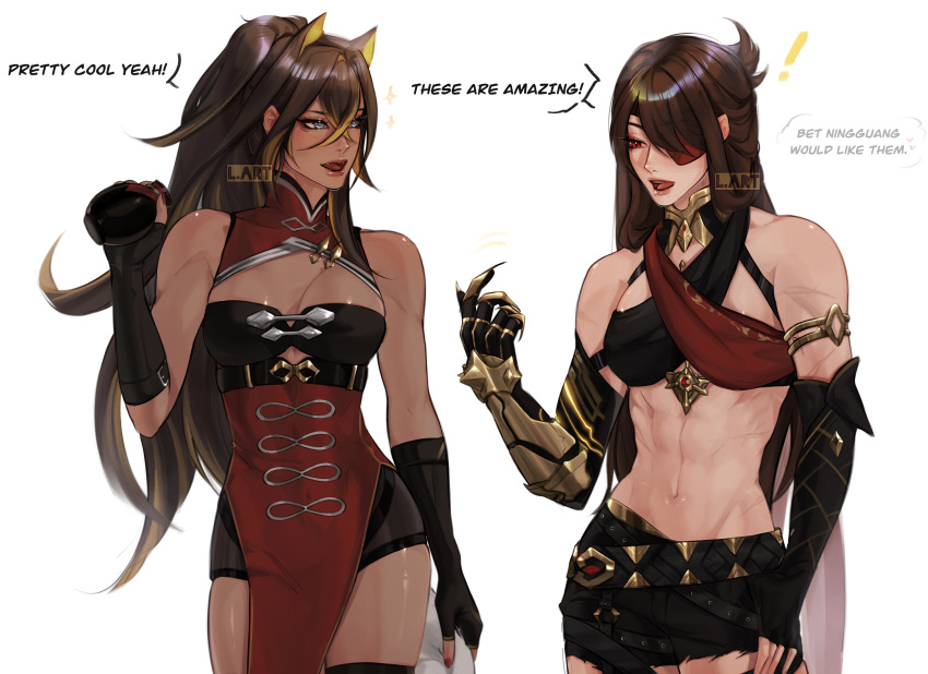 ! 2girls :d absurdres armlet beidou_(genshin_impact) beidou_(genshin_impact)_(cosplay) belt black_belt black_gloves black_hair blue_eyes breasts cleavage commentary_request cosplay costume_switch cowboy_shot criss-cross_halter dark_skin dehya_(genshin_impact) dehya_(genshin_impact)_(cosplay) dress eyepatch genshin_impact gloves hair_between_eyes half_updo halterneck highres lart_art1 long_hair medium_breasts midriff multiple_girls navel pelvic_curtain pointy_hair red_dress simple_background sleeveless sleeveless_dress smile standing stomach very_long_hair white_background