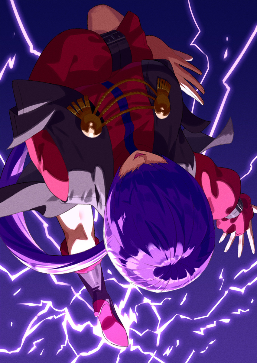 1girl breasts cleavage cropped_jacket electricity facing_viewer hair_over_eyes high_heels highres jacket jewelry kicking large_breasts lightning lips long_hair long_sleeves open_mouth orochi_shermie pencil_skirt ponytail purple_hair red_jacket red_skirt revision shermie_(kof) skirt solo the_king_of_fighters yagi2013