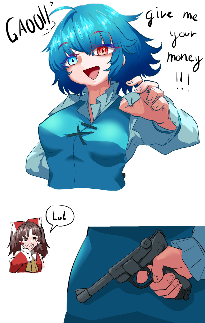 2girls :d absurdres blue_eyes blue_hair breasts cross-laced_clothes einzeilhandery english_text gun hakurei_reimu handgun heterochromia highres holding holding_gun holding_weapon luger_p08 multiple_girls open_mouth red_eyes short_hair simple_background smile speech_bubble tatara_kogasa touhou weapon white_background