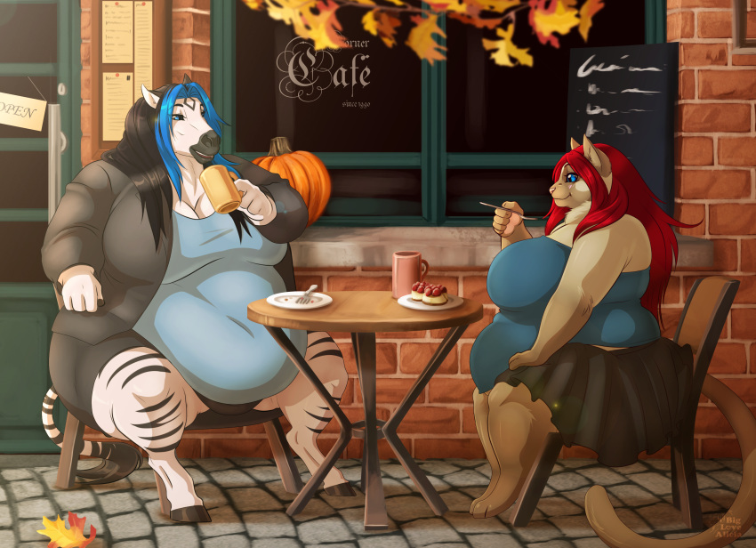 2019 anthro big_breasts biglovealicia black_body black_fur black_hair blue_eyes blue_hair breasts chair clothed clothing container cup curvy_figure day detailed_background digitigrade dishes duo ears_back ears_up eating english_text equid equine felid feline female full-length_portrait fully_clothed fur furniture hair hand_on_hip hi_res huge_belly light lighting mammal obese obese_female on_chair overweight overweight_female pivoted_ears portrait red_hair restaurant shaded signature sitting sitting_on_chair smile sunlight table tail tail_tuft text thick_arms thick_thighs tuft unguligrade white_body white_fur wide_hips window zebra