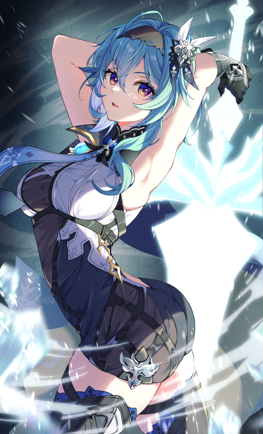 1girl absurdres adapted_costume armpits arms_up bare_shoulders black_gloves black_hairband black_thighhighs blue_hair blue_necktie breasts commentary_request cowboy_shot eula_(genshin_impact) genshin_impact gloves hairband highres holding holding_sword holding_weapon medium_breasts necktie solo standing sword thighhighs thighs wanatsu_15 weapon