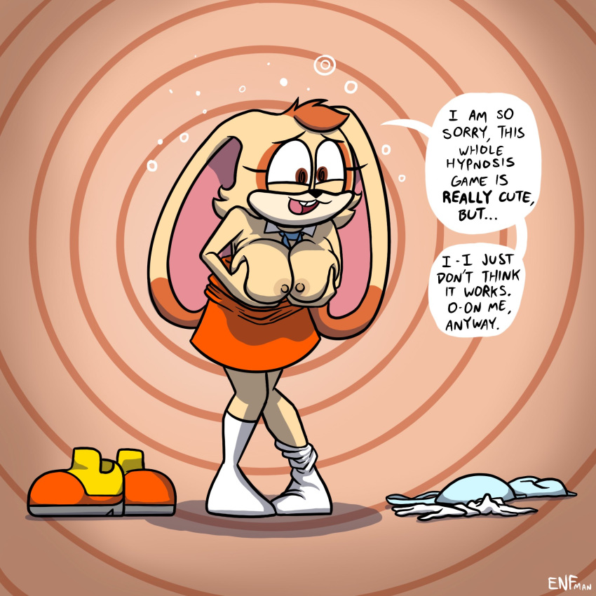 :3 abstract_background anthro big_breasts bra breast_squish breasts buckteeth clothed clothing cream_the_rabbit female footwear hi_res holding_breast huge_breasts hypnosis lagomorph leporid looking_at_viewer mammal mind_control rabbit sega socks solo sonic_the_hedgehog_(series) spiral_background spiral_eyes squish teeth theenfman topless underwear undressing