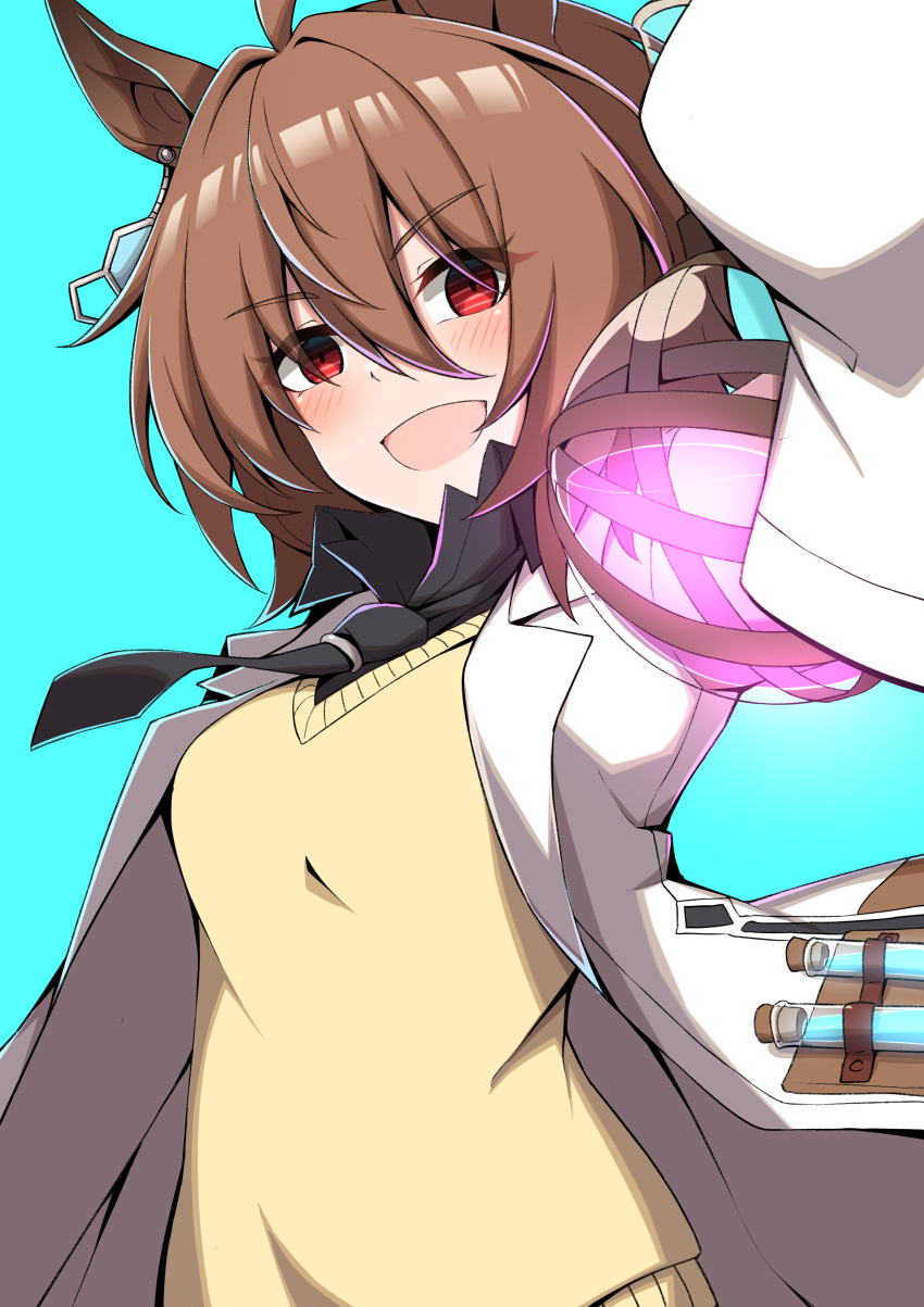 1girl absurdres agnes_tachyon_(umamusume) ahoge animal_ears bandolier black_necktie blush brown_hair chemical_structure coat collared_shirt commentary_request cork earrings flask hair_between_eyes highres holding holding_flask horse_ears horse_girl jewelry lab_coat necktie open_clothes open_coat open_mouth red_eyes round-bottom_flask ruisuke shirt short_hair single_earring sleeves_past_fingers sleeves_past_wrists smile solo sweater_vest test_tube umamusume white_coat yellow_sweater_vest