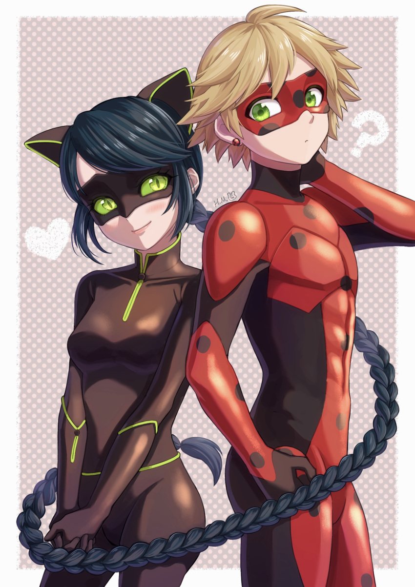 1boy 1girl adrien_agreste animal_ears black_bodysuit black_mask blonde_hair blue_hair bodysuit breasts cat_ears chat_noir chat_noir_(cosplay) closed_mouth cosplay costume_switch domino_mask green_eyes highres hm89509321 ladybug_(character) ladybug_(character)_(cosplay) long_hair marinette_dupain-cheng mask miraculous_ladybug polka_dot short_hair small_breasts smile twintails very_long_hair