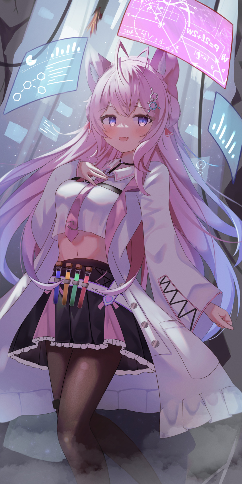1girl absurdres ahoge animal_ear_fluff animal_ears belt black_pantyhose black_skirt blush breasts coat hakui_koyori hand_on_own_chest highres holographic_interface hololive kawaiipony2 labcoat long_hair midriff navel necktie open_mouth pantyhose pink_eyes pink_hair pink_necktie shirt skirt smile solo test_tube thighs virtual_youtuber white_coat white_shirt wolf_ears wolf_girl