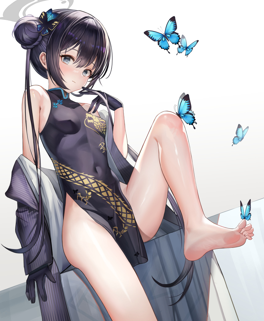 1girl absurdres bare_legs barefoot black_dress black_gloves black_hair blue_archive blue_butterfly breasts bug butterfly butterfly_hair_ornament china_dress chinese_clothes closed_mouth covered_navel double_bun dress gloves grey_eyes hair_bun hair_ornament halo hand_up highres iino_(isnyong) kisaki_(blue_archive) leg_up long_hair pelvic_curtain short_dress side_slit sitting small_breasts soles solo thighs twintails very_long_hair