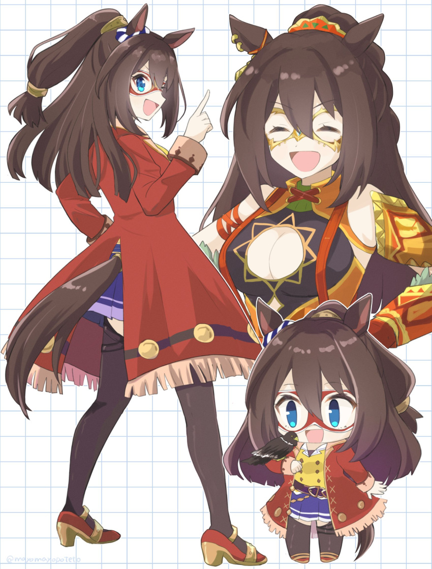 1girl animal_ears animal_on_arm belt bird black_thighhighs blue_eyes brown_belt brown_hair buttons cleavage_cutout closed_eyes clothing_cutout commentary_request detached_sleeves domino_mask double-breasted eagle ear_ornament ear_piercing el_condor_pasa_(kukulkan_monk)_(umamusume) el_condor_pasa_(umamusume) grid hair_between_eyes highres horse_ears horse_girl horse_tail jacket long_hair long_sleeves mambo_(umamusume) mask multiple_views open_mouth piercing pleated_skirt pointing pointing_up ponytail purple_skirt red_footwear red_jacket sangria_(sangria69) shirt simple_background skirt tail tail_through_clothes thighhighs twitter_username umamusume upper_body white_background yellow_shirt