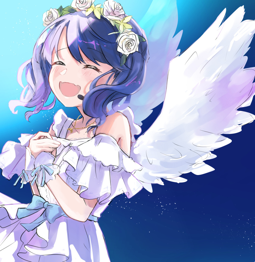 1girl absurdres angel_wings bare_shoulders black_hair closed_eyes commentary_request dark_background dress fangs flower_wreath fukumaru_koito highres idolmaster idolmaster_shiny_colors jewelry kiri_meee necklace open_mouth skin_fangs solo swept_bangs twintails upper_body white_dress wings wrist_cuffs