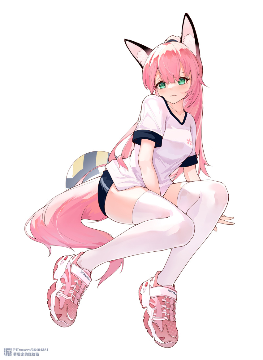 1girl alternate_costume animal_ears azur_lane black_shorts commission fox_ears fox_girl full_body green_eyes gym_uniform hanazuki_(azur_lane) highres liwendala long_hair looking_at_viewer pink_footwear pink_hair pink_tail second-party_source shirt shoes short_sleeves shorts simple_background sneakers solo thighhighs white_background white_shirt white_thighhighs