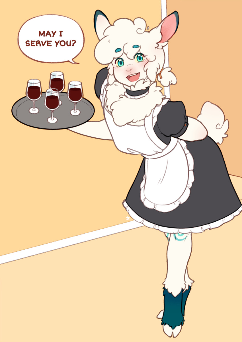 absurd_res alcohol anthro beverage blush bovid caprine clothed clothing dialogue digital_media_(artwork) english_text fur hair hi_res holding_object looking_at_viewer maid_uniform male mammal offering_to_viewer open_mouth serving_tray sheep shinystarshard simple_background smile solo speech_bubble tail text uniform white_body wine