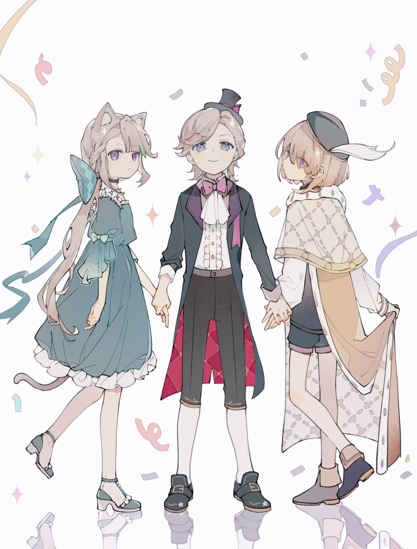 1girl 2boys absurdres alternate_costume animal_ears ascot black_footwear black_headwear black_pants blue_bow blue_dress blue_footwear blue_shorts bow bowtie cape cat_ears cat_girl cat_tail confetti dress dress_sshirt freminet_(genshin_impact) frilled_dress frills full_body genshin_impact hair_bow hat highres holding_hands long_hair lynette_(genshin_impact) lyney_(genshin_impact) mary_janes mini_hat mini_top_hat multiple_boys pants pink_bow pink_bowtie ponytail shoes shorts siblings tail top_hat white_cape yue_(shemika98425261)