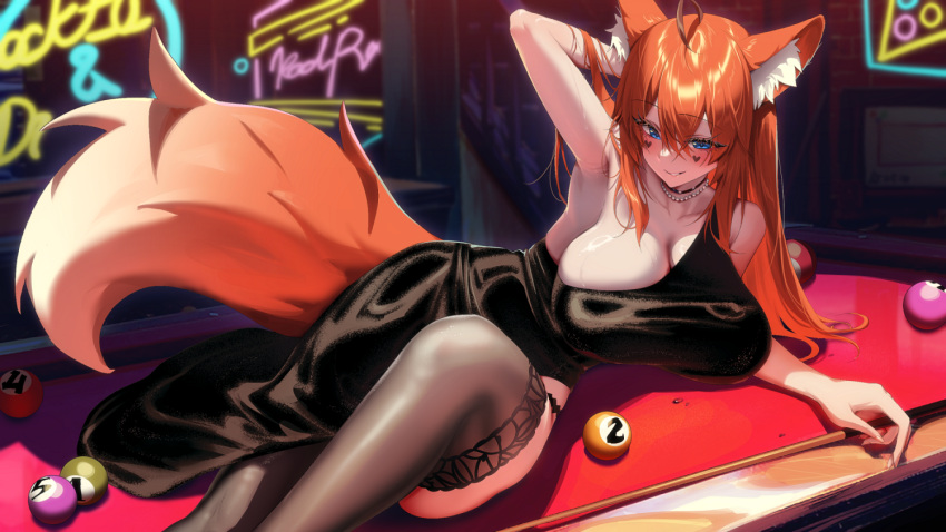 1girl ahoge alpha_(ypalpha79) animal_ear_fluff animal_ears arm_behind_head armpits ball bare_shoulders billiard_ball black_dress blue_eyes blush breasts cleavage commission cue_stick dress facial_mark fox_ears fox_girl fox_tail glubbable gradient_tail heart heart_facial_mark holding_cue_stick jewelry large_breasts long_hair lying necklace neon_lights on_side on_table orange_hair parted_lips pearl_necklace pixiv_commission pool_table smirk solo table tail thighhighs vrchat