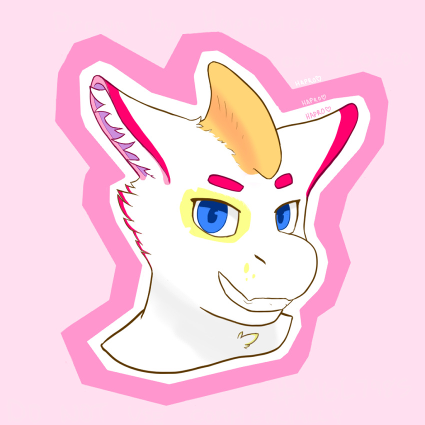 ambiguous_gender anthro artist_name blue_eyes chest_tuft dragon eye_markings eyebrows fur furred_dragon hapromeen headshot_portrait horn icon inner_ear_fluff looking_at_viewer markings multicolored_body multicolored_ears multicolored_fur orange_horn pink_background pink_body pink_eyebrows pink_fur portrait purple_inner_ear simple_background smile smiling_at_viewer solo spots spotted_body spotted_fur tuft two_tone_body two_tone_ears two_tone_fur unusual_anatomy unusual_horn white_body white_fur white_inner_ear_fluff yellow_markings