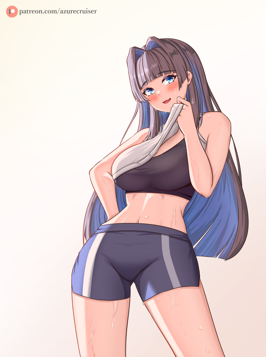 1girl absurdres azurecruiser bare_shoulders blue_eyes blue_hair blunt_bangs blush breasts clothes_lift crop_top gym_shorts hand_on_hip highres hololive hololive_english long_hair looking_at_viewer midriff multicolored_hair navel ouro_kronii parted_lips patreon_logo patreon_username shirt_lift shorts sidelocks simple_background sleeveless smile sports_bra sweat thighs virtual_youtuber wiping_face wiping_sweat