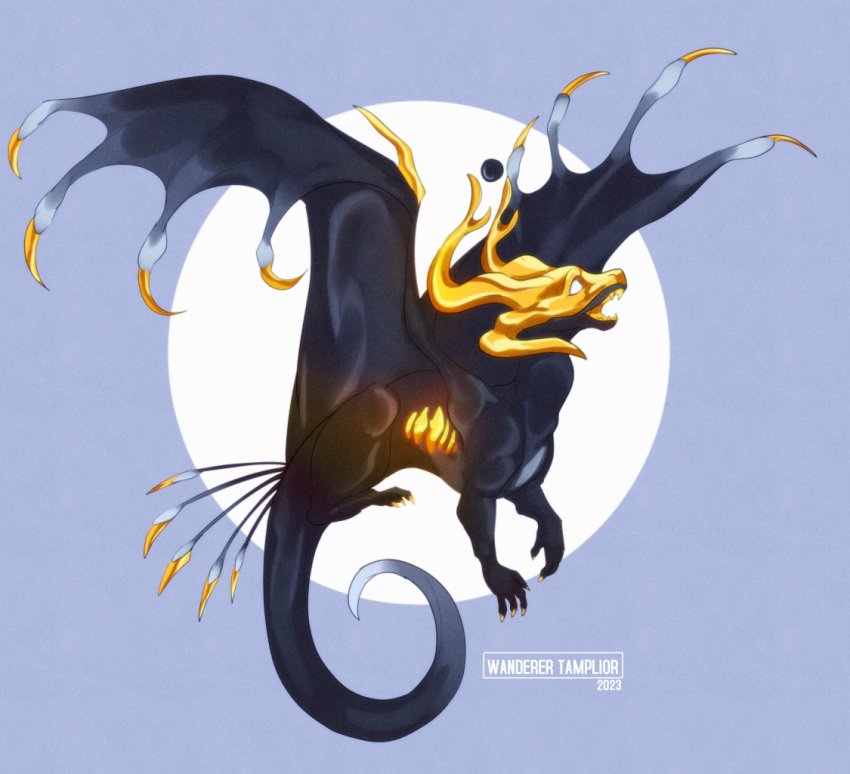 2023 black_body chibi claws digital_media_(artwork) dragon female feral flying gold_(metal) gold_mask horn membrane_(anatomy) membranous_wings open_mouth scales scalie simple_background smile solo tail toony wanderertamplior western_dragon white_eyes wing_claws wings