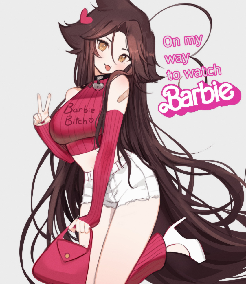 1girl :3 absurdly_long_hair absurdres ahoge bag bandaid bare_shoulders black_choker breasts brown_eyes brown_hair choker cowboy_shot crop_top cropped_sweater cutoffs detached_sleeves english_text hair_ornament handbag heart heart_ahoge heart_choker heart_hair_ornament high_heels highres huge_ahoge kneehighs large_breasts long_hair looking_at_viewer messy_hair midriff navel original platform_footwear product_placement purple_nails red_sweater ribbed_sweater simple_background single_kneehigh single_sock sky_above_me sleeveless sleeveless_sweater smile socks solo standing standing_on_one_leg sweater tongue tongue_out v very_long_hair white_footwear