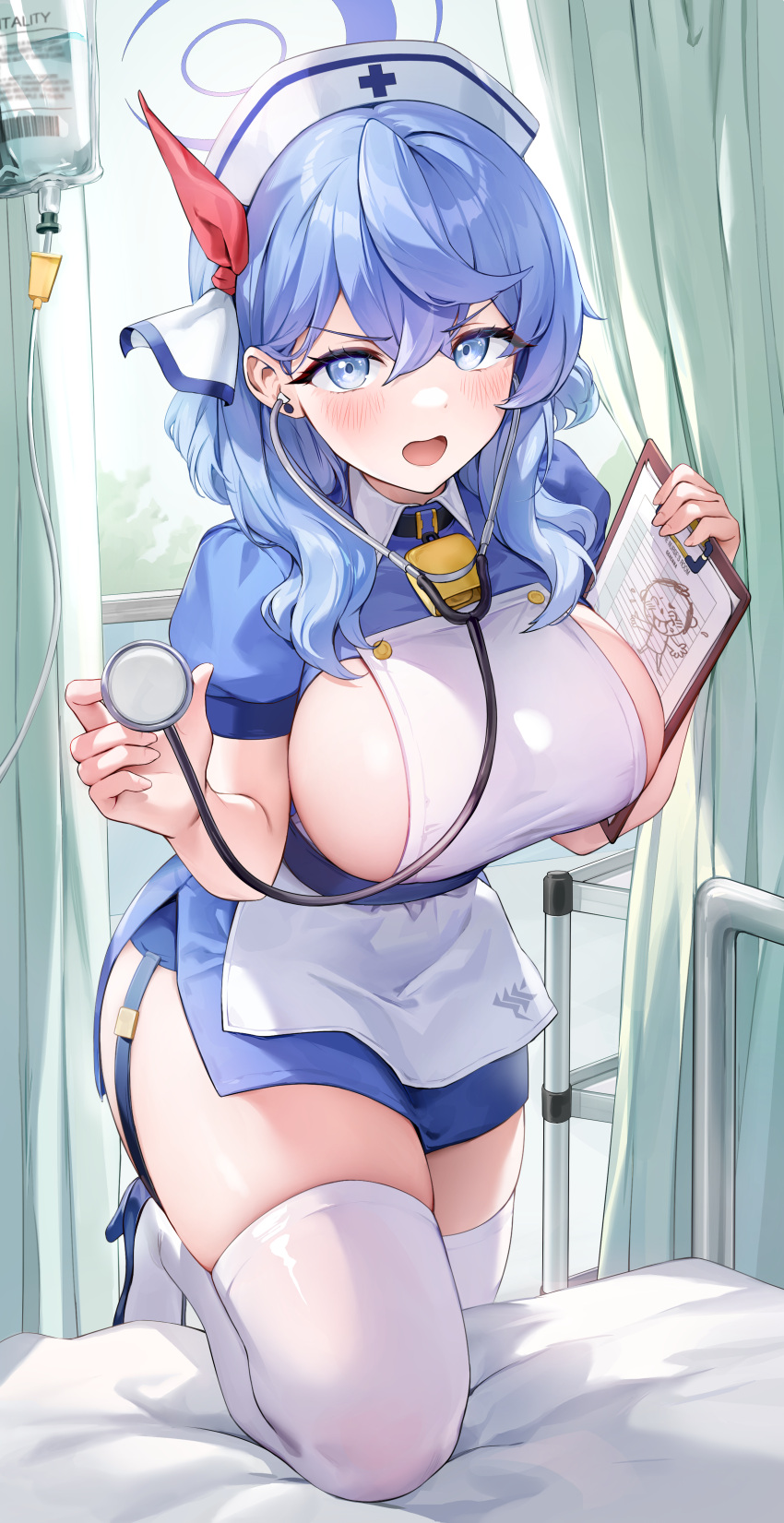 1girl absurdres ako_(blue_archive) arona's_sensei_doodle_(blue_archive) bell blue_archive blue_eyes blue_hair blush breasts clipboard commentary_request cowbell curtains day halo hat highres holding_stethoscope indoors infirmary iv_stand knee_up large_breasts looking_at_viewer medium_hair murabana44 neck_bell nurse nurse_cap open_mouth sensei_(blue_archive) skindentation solo stethoscope thighhighs thighs v-shaped_eyebrows white_thighhighs window