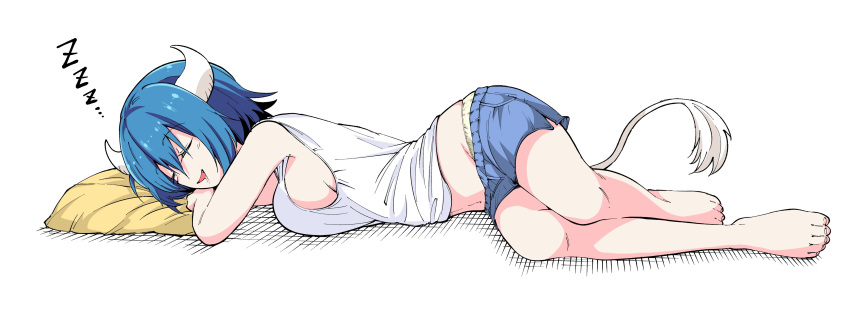 1girl absurdres barefoot blue_hair blue_shorts blush breasts closed_eyes cow_horns cow_tail fang highres horns jashin-chan_dropkick large_breasts minos_(jashin-chan_dropkick) navel no_bra open_mouth panties pillow saliva shirt short_hair shorts sideboob simple_background sleeping smile solo tail underwear white_background white_panties white_shirt yuuki_shushu zzz