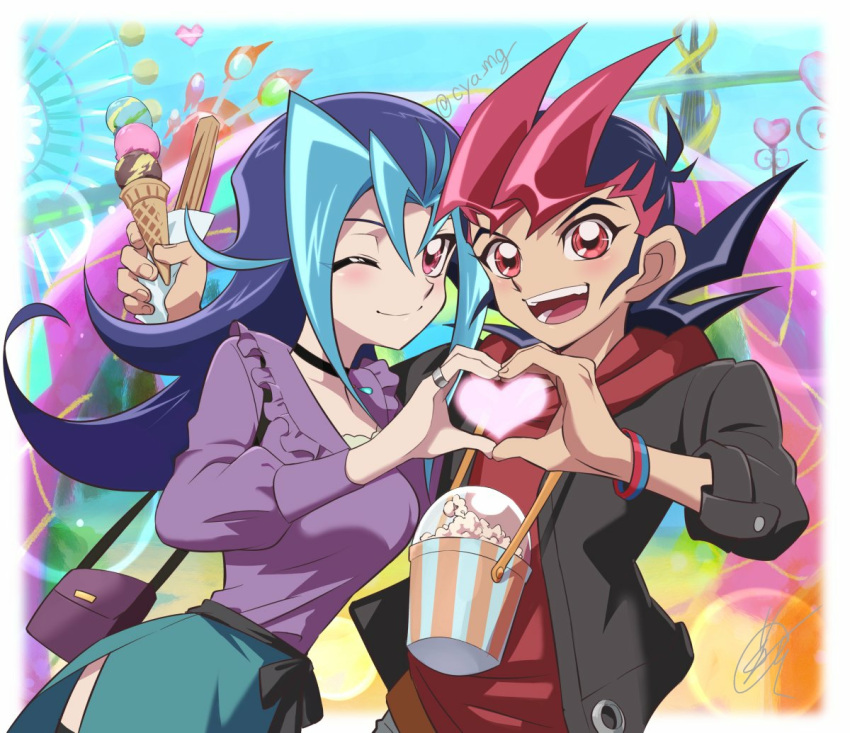 1boy 1girl amusement_park bag black_jacket blue_hair casual chaya_mago commission dating dyed_bangs flipped_hair food green_skirt handbag heart heart-shaped_pupils heart_hands heart_hands_duo holding holding_food holding_ice_cream hood hoodie ice_cream jacket jewelry kamishiro_rio long_sleeves looking_at_viewer multicolored_hair open_clothes open_jacket open_mouth outdoors pink_eyes popcorn puffy_long_sleeves puffy_sleeves red_eyes red_hair red_hoodie ring skeb_commission skirt smile spiked_hair symbol-shaped_pupils teeth tsukumo_yuuma two-tone_hair yu-gi-oh! yu-gi-oh!_zexal