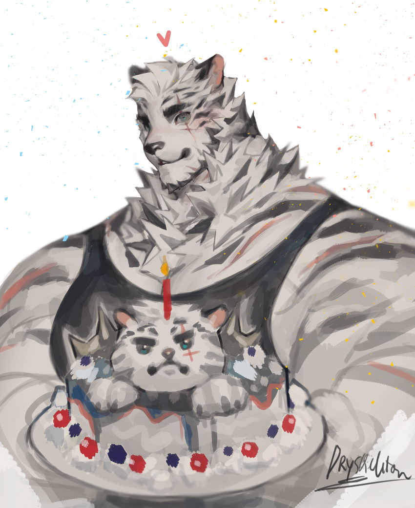 1boy absurdres animal_ears arknights bara black_tank_top blush candle character_cake dryskeleton_(drawing_jimmy) facial_hair furry furry_male goatee heart highres incoming_food large_pectorals looking_at_viewer male_focus merchandise mountain_(arknights) muscular muscular_male pectorals scar scar_across_eye scar_on_arm short_hair smile solo tank_top thick_eyebrows tiger_boy tiger_ears upper_body white_hair