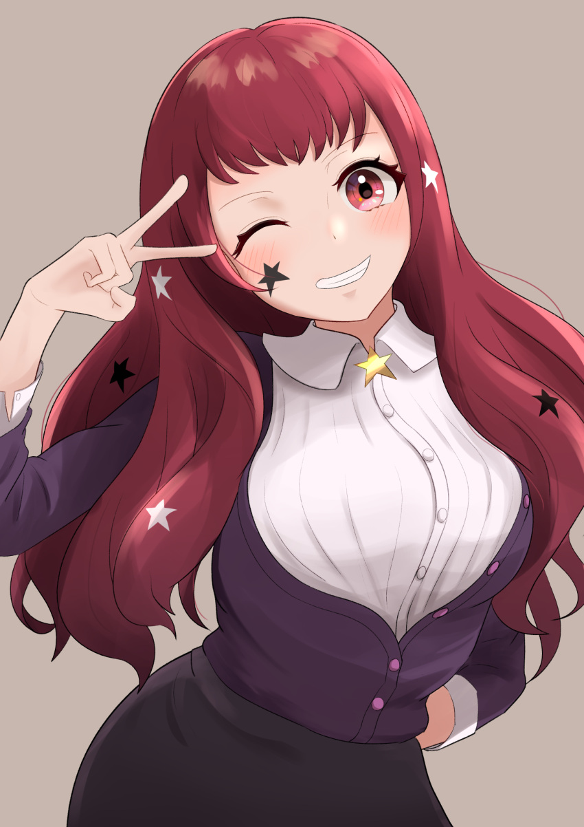 1girl bad_dobbyyyyy blush facial_mark fire_emblem fire_emblem_engage grin hair_ornament highres long_hair looking_at_viewer official_alternate_costume one_eye_closed red_eyes red_hair shirt smile solo star_(symbol) star_facial_mark star_hair_ornament sweater v wavy_hair yunaka_(fire_emblem)