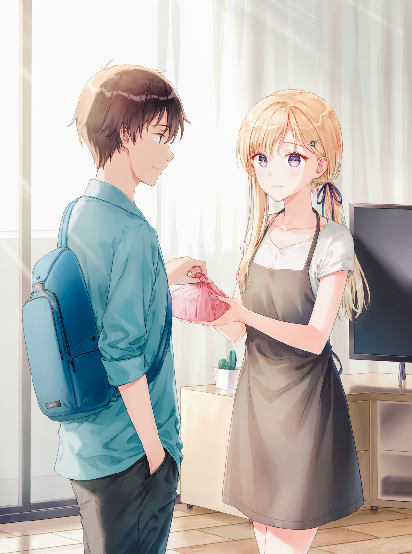 1boy 1girl absurdres apron asamura_yuuta ayase_saki backpack bag black_apron black_hair black_pants blonde_hair blue_skirt cactus dress_shirt gimai_seikatsu hair_ornament hairpin highres hiten_(hitenkei) long_hair low_ponytail lunchbox novel_illustration official_art pants plant potted_plant purple_eyes shirt skirt television white_shirt