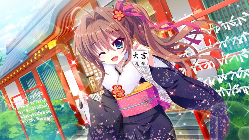 1girl ahoge architecture blue_eyes blue_kimono blue_sky brown_hair building bush cloud day dot_nose dutch_angle east_asian_architecture film_grain floral_print flower furisode game_cg hair_flower hair_intakes hair_ornament high_ponytail holding izumi_tsubasu japanese_clothes kimono long_hair non-web_source official_art omikuji one_eye_closed outdoors paper pink_ribbon pink_sash re:stage! ribbon sash shikimiya_aone side_ponytail sky smile solo sparkle stairs window