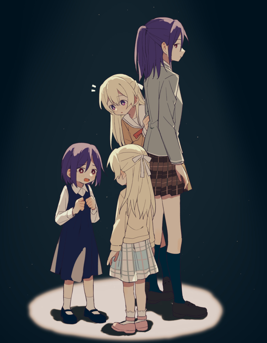 4girls aged_down bang_dream! black_background blonde_hair blue_dress blue_footwear blue_socks bow brown_shirt clenched_hands coldcat. collared_shirt dress frilled_socks frills from_side full_body grey_jacket hair_between_eyes hair_bow half_updo highres jacket leaning_forward loafers long_hair long_sleeves looking_at_another looking_at_viewer multiple_girls neck_ribbon orange_eyes own_hands_together peeking_out pink_footwear plaid plaid_skirt pleated_skirt purple_eyes purple_hair raised_eyebrows red_ribbon ribbon sailor_collar school_uniform serafuku seta_kaoru shadow shirasagi_chisato shirt shoes short_hair sidelocks skirt socks spotlight time_paradox white_bow white_sailor_collar white_shirt white_socks yellow_shirt